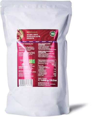 Blömboom® BIO Dark Hot Chocolate (200-2000g) - Dunkle Trinkschokolade mit reichhaltigem Kakaogeschmack ohne Geschmacksverstärker - Perfekt für heiße Schokolade (1000g, BIO Dark Hot Chocolate Drops)