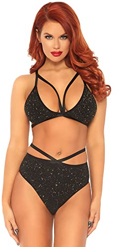 Leg Avenue Lurex Opaque Bra and Bottom, Black, Gold, M/L