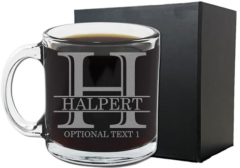 Spotted Dog Company Personalised Etched 384ml Glass Coffee Mug, Custom Birthday Espresso Cups, Customised Tea Cappuccino Hot Chocolate Cup, Halpert Monogram
