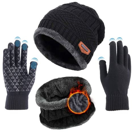 Kfnire Wintermütze Warm Beanie Schal Touchscreen-Handschuhe Herren Damen Strickmütze Wintermütze Schal mit Dicke Thermo mit Fleece Gefütterte, Mütze, Schlauchschal & Handschuh Set für Herren Damen