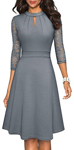 HOMEYEE Robe de Cocktail Plissée à Manches en Dentelle Creuse pour Robe Soirée Femme A234
