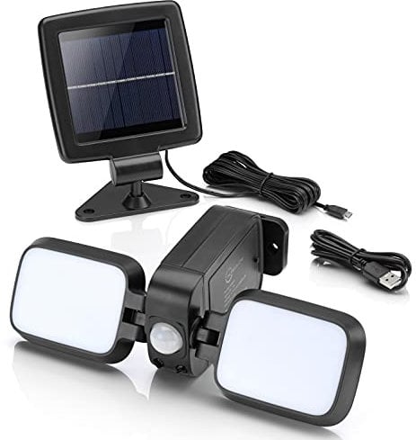 Auraglow Twin Panel Dual Charge Solar & USB Rechargeable Motion Sensor PIR Wireless LED Outdoor Security Flood Light with Adjustable Lamps