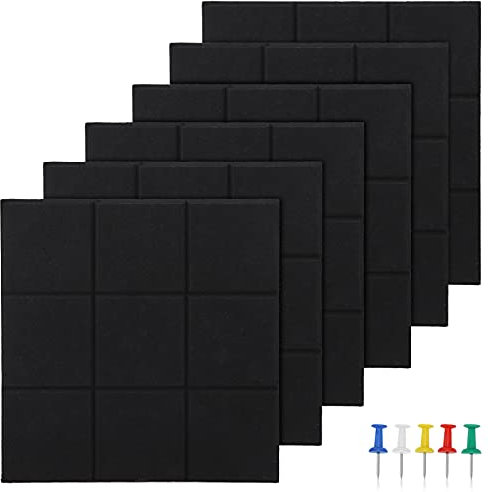 6 Pack Felt Bulletin Board with 35 Push Pins, Felt Board Tiles for Wall, Square Pin Board Tiles for Photos, Notes, Letter, Memo, Self-Adhesive Vision Board for Home Office Wall Decoration (Black)