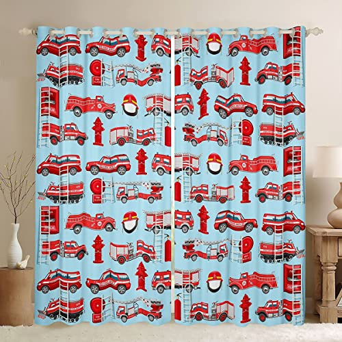 Feuerwehr-Verdunkelungsvorhänge (30 % – 50 %), Feuerwehrauto-Vorhang für Schlafzimmer, Kinder, Feuerwehrmann, verdunkelnd, Fensterschmuck, rot, 46 x 54 cm
