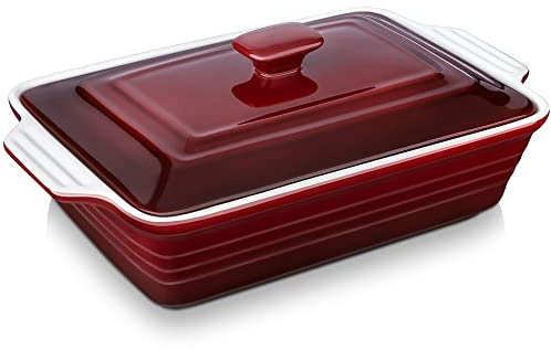 LOVECASA 4.5 Quart Ceramic Casserole Dish with Lid – Oven, Microwave & Dishwasher Safe Bakeware for Family Meals, Lasagna, Roasting, Rectangular Stoneware 9x13 Baking Pan, Gradient Red