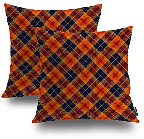 Shrahala Orange Blue Bright Plaid Decorative Throw Pillow Cover, Brown Plaid Tartan Pattern Orange Abstract Britain British Cushion Case for Sofa Bedroom Throw Pillow Case, 16 X 16 Inches