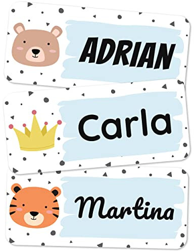 melu kids® Namensaufkleber für Kleidung & Gegenstände, (100 Stück) - Namensschilder Kinder waschmaschinenfest und personalisiert (blau)