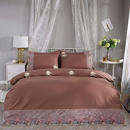 Bettwäscheset Bettbezug für Zuhause/Hotel, Gesteppte Bettdecke, 4-teiliges Set, einfarbige Tagesdecke, gebundene Seildecke, Spitzen-Kissenbezug, einfache Twill-Blätter für Bettwäsche (Color : Coffee,