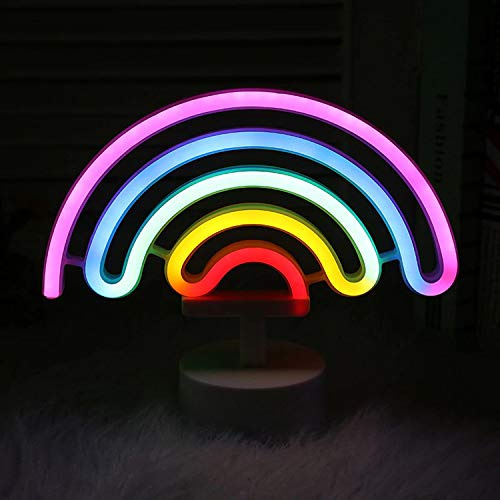 Neon LED Licht - dekorative Stand Leuchte Batterie Neonlicht Schild Reklame Lampe Bar Party Tisch Deko Nachtlicht Gaming Setup Streamer Hintergrund Regal Beleuchtung Deko (Regenbogen bunt)