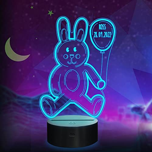 Lightzz Nachtlicht Kinder Personalisierte Geschenke Baby 3D LED mit Name Acryl Nachtlampe,16 Farben Fernbedienung,Raumdekoration Geschenk für Mädchen Jungen Frauen Geburtstag Weihnacht (Hase)