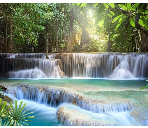 decomonkey - Papier Peint Panoramique Adhésif Cascade Chute d'eau 343x256 cm - Stickers Muraux Chambre Autocollant - Turquoise bleu vert gris - Arbres forêt nature paysage rivière eau cascade