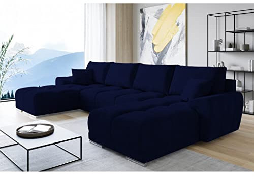 ML Furniture Velvet Ecksofa in U-Form – Dunkelblau Sofa – Couch mit Stauraum und Kissen - Ausziehbares Schlafsofa – Sofa mit Schlaffunktion - Schlafsofa mit Bettkasten – Gästebett – 365 x 189 cm
