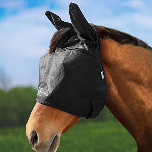 Harrison Howard UV-beständige Multifunktionsgewebe Dicke Fleece Polsterung Pferd Fliegenmaske Halbgesicht mit Ohren schwarz Pferd groß