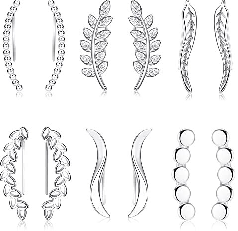 JeryWe 6 Paar Damen Knorpel Schmuck Ohrringe Ohrklemme Ohrstecker Blätter ear cuff Ohrclip für Mädchen Teenager Feder Lineare Welle Ohrpiercing silber