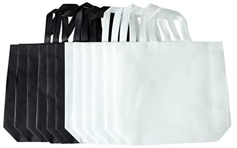 Hoshisea 12 Stück Groß Einkausbeutel, Vliesstoff Taschen Umweltfreundlich, Wiederverwendbar Einkaufstasche, Zur Aufbewahrung Kleinigkeiten (Schwarz&Weiß)