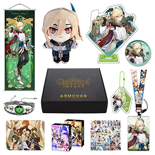 MOTAO Genshin Impact Box Kaveh Merch Set - Plüschpuppe, Poster, Mauspads, Standfigur, Armband, Abzeichen, Schlüsselanhänger, Kartenhülle, 30 Lomo Karten, 50 Aufkleber (Kaveh)