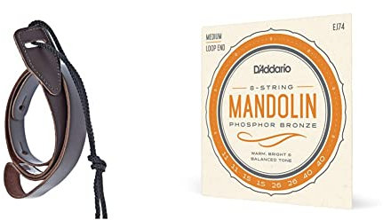 D'Addario Accessories Leather Mandolin Strap - Mandolin Accessories - Cradle Style - Brown & Mandolin Strings - Mandolin Strings - Phosphor Bronze - For 8 String Mandolin - EJ74 - Medium, 11-40