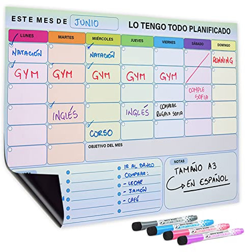 Planificador mensual magnetico - A3 - Calendario magnetico nevera - Pizarra magnetica nevera - 4 marcadores de color - Lista de la compra - Notas - En español