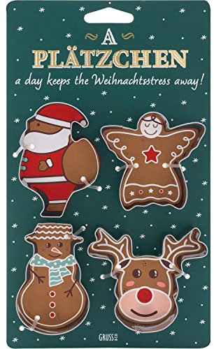 GRUSS & CO Keksausstecher-Set Weihnachtsstress | Geschenkset mit 4 Ausstechformen, Weihnachtsmann, Schneemann, Schutzengel und Rentier | Backen für Weihnachten, Geschenk | 51124