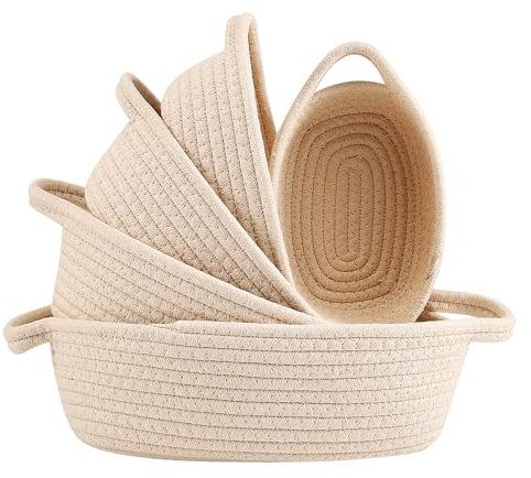Povxlum 5er Set Aufbewahrungskorb aus Baumwollseil, Körbchen Wickeltisch Organizer, Stapelbare Speicher Storage Basket für Organisieren von Kleidung und Schmuck,Spielzeug, Badezimmer, Wohnzimmer