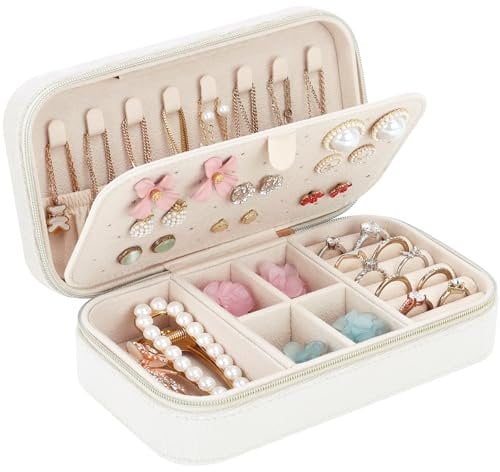 Kleines Reise Schmuckkästchen Samt, Kleine Schmuckkasten Samt für Mädchen Frauen, Mini Schmuck Organizer Aufbewahrung für Ringe Ohrringe Halskette Armbänder Kleine Schmuckkasten, Beige