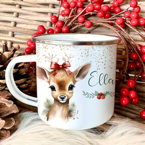 Kinder Emaille Tasse Weihnachten für Mädchen, Jungen, Teenager mit Namen Tiermotiv Weihnachtstasse I Personalisierte Geschenkidee Nikolaus Weihnachtsgeschenk Mitbringsel (Motiv Reh)