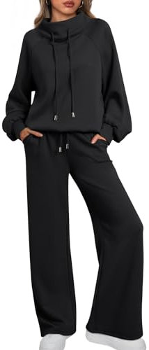 AUTOMET Lounge-Sets für Damen, Sweatsuits, 2-teiliges Outfit 2024, Herbst, Kordelzug, Sweatshirt, weites Bein, Jogginghose, Trainingsanzug, Schwarz, Medium
