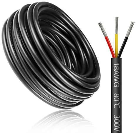 Cavo elettrico da 20 metri 18AWG 3x0,75mm², cavo a 3 conduttori, cavo di terra 5V/12V/24V, cavo di rame stagnato, flessibile e morbido, bassa impedenza, alta resistenza alle temperature, cavo di