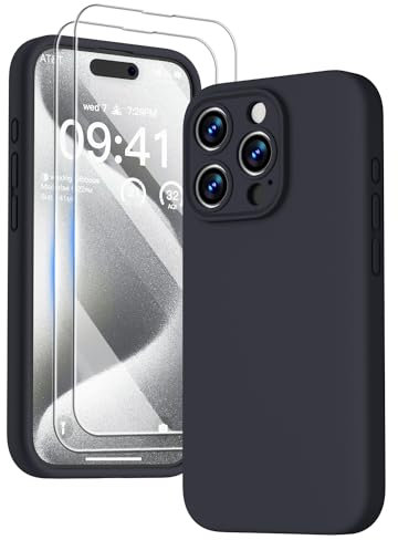 GOODVISH 3 in 1 für iPhone 15 Pro Hülle Liquid Silikon, mit 2 Stück Schutzfolie [Upgraded Kameraschutz] Soft Mikrofaserfutter Handyhülle Kratzfest stoßfeste Schutz Case für iPhone 15 Pro 6.1, Schwarz