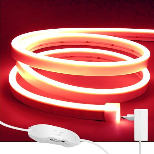 ShineBurky 5M Neon LED Strip Rot, 12V Neon LED Streifen Dimmbar Flexibel Wasserdicht IP65 Lichtleiste Silikon LED Neon Lichtband für Wohnzimmer Schlafzimmer Wand Deko DIY (Inklusive Netzteil)