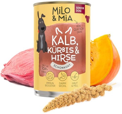 Milo & Mia - Schonkost für Hunde Nassfutter, magenschonendes Hundefutter für Hunde mit Magen-Darm-Erkrankungen, glutenfreies Monoprotein Nassfutter mit frischen Zutaten: Kalb, Kürbis & Hirse (6x400g)