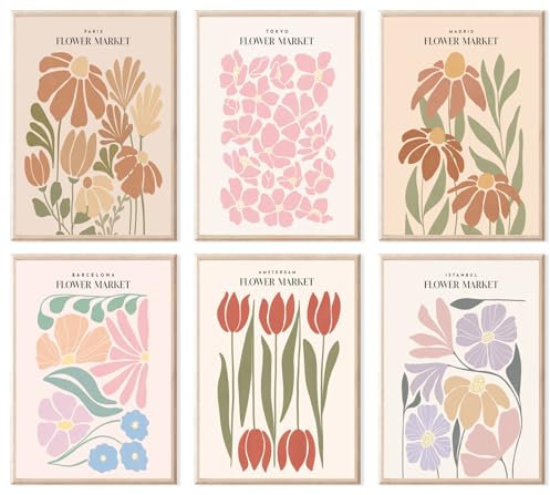 JINZUNRUI Blumen Bilder Poster Set, 6 Stück Flower Market Poster, Vintage Wandbilder Wohnzimmer Schlafzimmer, A4 Blider Wanddeko Leinwand Kunstdruck Aesthetic Room Decor, ohne Rahmen