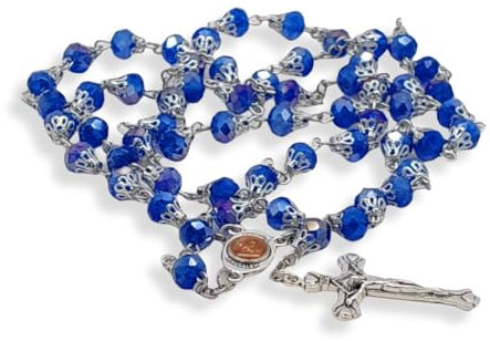 OISJHW Blau Kristallperlen Rosenkranz Katholische Halskette Kreuz Rosenkranz Kugelkette Silber Kette Herren Damen Halsketten
