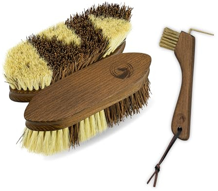 Equimour Huf-Duo – Hufbürste & Hufkratzer Set mit Holzgriffen | 2-in-1 Hufpflege-Set mit Holzgriffen & Band aus Lederimitat – Hufbürste & Hufkratzer für die tägliche Hufreinigung
