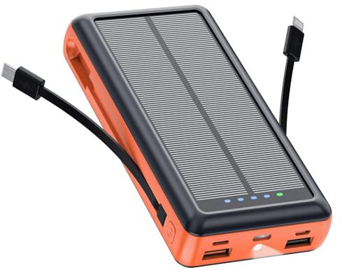 Solar Panel Phone Charger Power Bank Porable Battery Pack USB Type-C 5 Charging Port Battery Charger Smart LED Display Flashlight 36800mAh Fast Charging Cable Powerbank Camping Hiking Outdoor