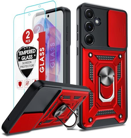 LeYi Cover per Samsung A55 5G con Vetro Temperato [2 Pack], Custodia Samsung Galaxy A 55 con Protezione Fotocamera [Slidable] Antiurto Militare 360° Anello Supporto TPU Bumper Antiurto Case, Rossa