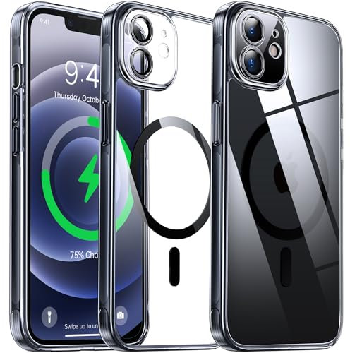 Flyzoo Magnetisch Hybrid Clear Hülle für iPhone 12 - [Kompatibel mit MagSafe] [Eingebaute Kameraschutz Folie] Hart Durchsichtig Handyhülle Stoßfeste Transparente mit Silikon Schutzhülle, 6,1, Schwarz