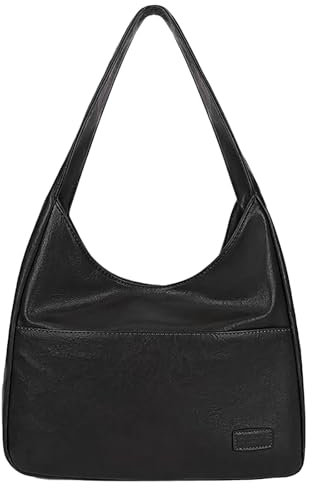 Quirkademy Hobo Bag für Damen, Tote Bag Retro Schultertaschen aus PU Leder, Tragetasche mit Große Kapazität, Umhängetasche Lässige Handtasche für Einkauf Reise Büro Dates Arbeit Schule - Schwarz