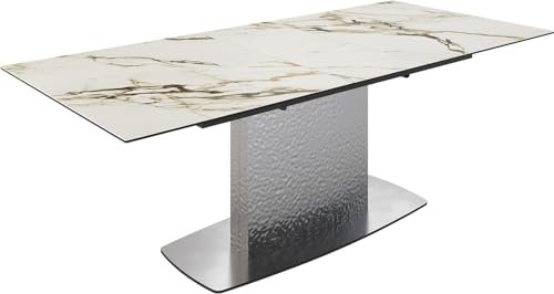 DELIFE Esszimmertisch Edge Keramik Calacatta Luxe Weiß-Gold-Grau 180-220x100 Wave Edelstahl ausziehbar