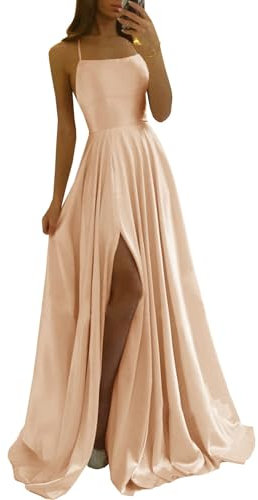 Robes de Bal en Satin pour Femmes 2161 Bretelles Spaghetti Longues Robes de Demoiselle d’Honneur Robes de soirée Formelles avec Poches Rose Gold S