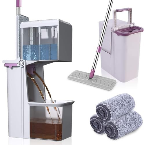 Mop Bucket with Wringer，Hands Free Floor Flat Mop and Bucket That Separates Dirty and Clean Water, 3Washable & Reusable Microfiber Pads