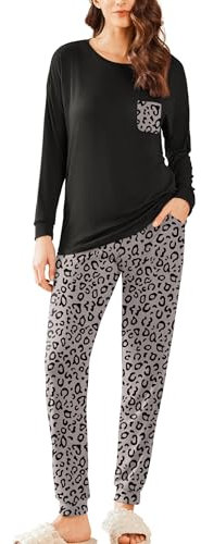 Ekouaer Pyjama Femme Ensemble Carreaux Pantalon Coton Vêtements De Nuit Chaud Pyjama 2 Pièces Poche Élastique Manches Longues, Léopard, XXL