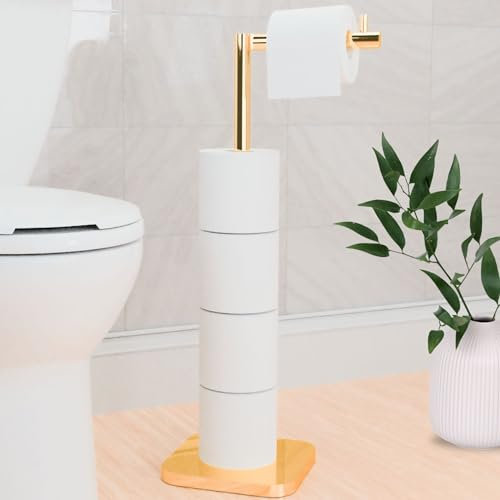 Toilet Roll Holder Free Standing – Toilet Roll Stand for 5 Rolls – Stainless Steel Loo Roll Holder with Heavy Stable Base – Pedestal Free Standing Toilet Roll Holder for Bathroom (Golden)