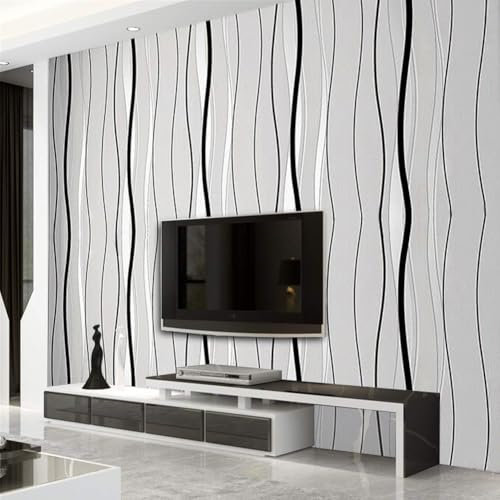 Warmiehomy Non-Woven Wallpaper Flocking 3D Wallpapers 4 Rolls 53cm x 9.5m Grey Minimalism Wavy Stripe Wall Covering for Living Room Bedroom Home Decoration