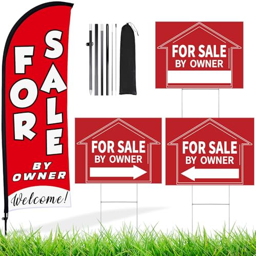 Buryeah For Sale by Owner-Schilder-Set, 1 Packung zum Verkauf durch Eigentümer, Flagge, 3 Stück, doppelseitig, Immobilienrichtungspfeile mit Metallpfähle, Haus zum Verkauf, Hofschilder für