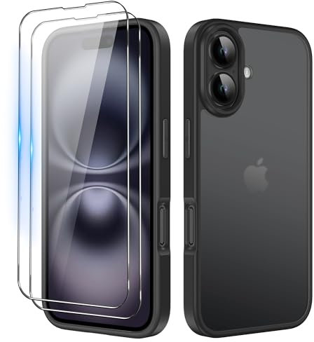 iCatchy Matte Case for iPhone 16 6.1-Inch 2x HD Screen Protector Tempered Glass Shockproof Military Grade Drop Protection, Frosted Translucent Back Phone Cover, Anti-Fingerprint Black
