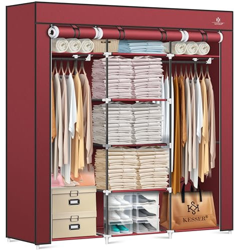 KESSER® Kleiderschrank Stoffschrank Stabil mit Kleiderstange & Ablagen, Inkl. 5x Kleiderbügel, Stoff Faltschrank für Schlafzimmer, Ankleidezimmer Garderobe mit Kleiderständer 150x45x175cm Bordeaux Rot