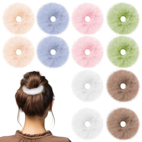 JIYIN 12 Stk. Plüsch Haargummis, Scrunchie Stirnbänder, Flauschig Haarband, Haar Ringe, Pom Pom Pferdeschwanz Haarschmuck für Mädchen