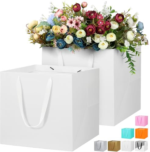 LVNRIDS 2 Stück Geschenktüte Groß, 11.8 inch Quadratische Geschenktüten Papiertüten, Geschenk Tüten für Hochzeit Brautjungfer Abschlussfeier Geburtstag Weihnachten Weiß