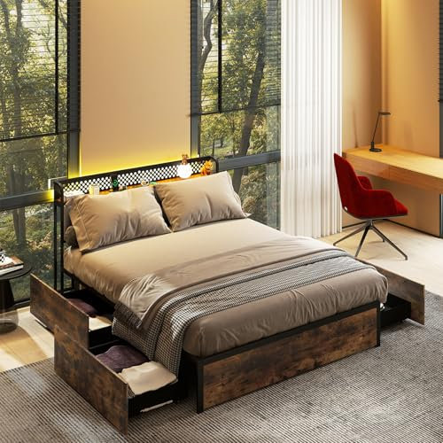 RELAX4LIFE Double/King Size Bed Frame with LED Lights, Charging Station, 4 Underbed Drawers & Headboard, 4FT6/5FT Industrial Platform Bed Base, Metal Slats Support Mattress Foundation (220x157x100cm)